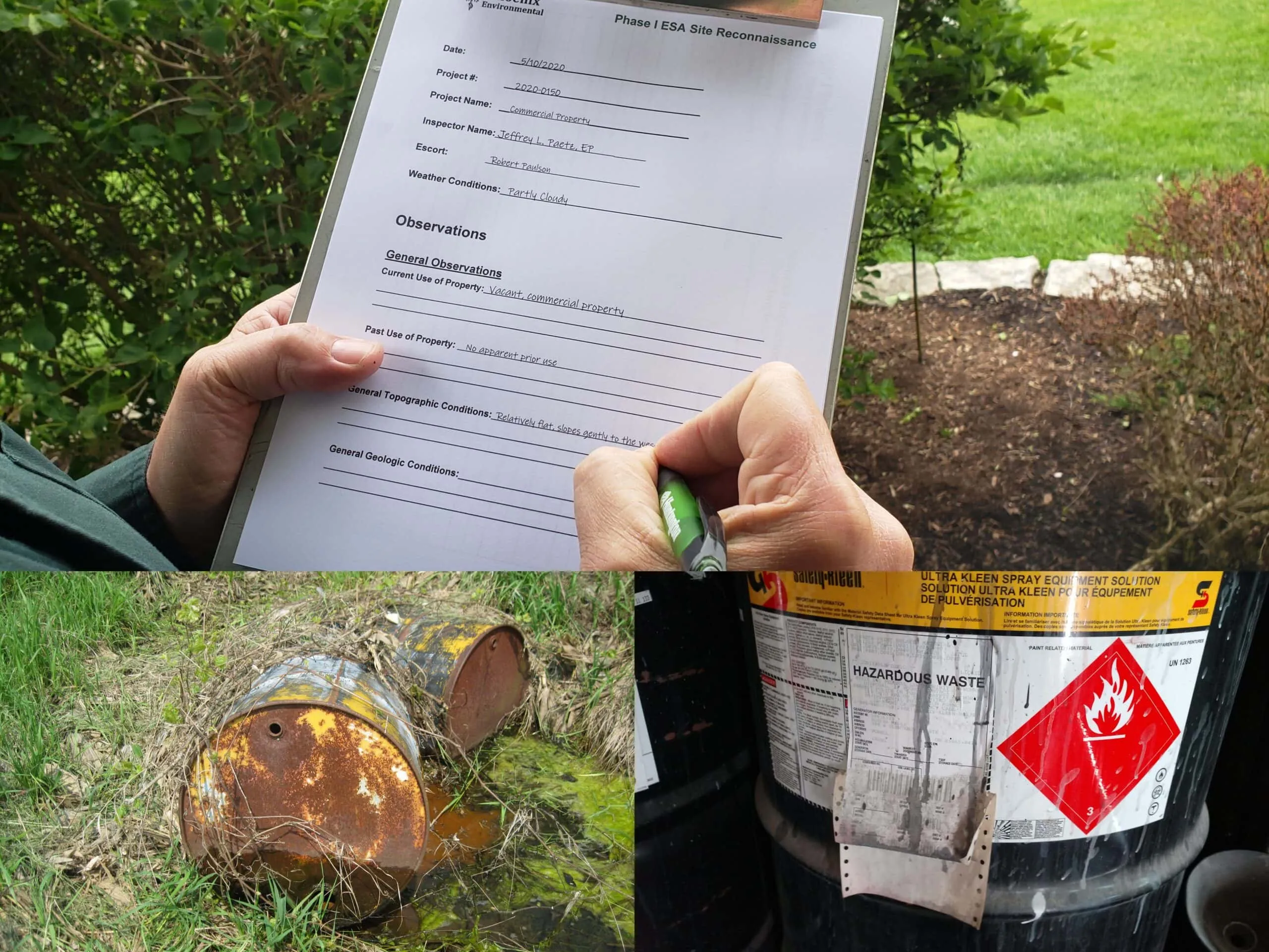 A collage showing a Phase I ESA checklist being filled out on a clipboard, two waste drums in a grassy area and another drum labeled 